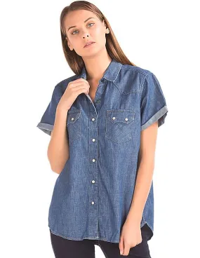 GAP Women Blue 1969 Denim Short Sleeve Western Shirt