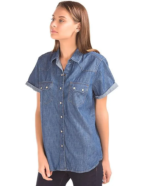 GAP Women Blue 1969 Denim Short Sleeve Western Shirt