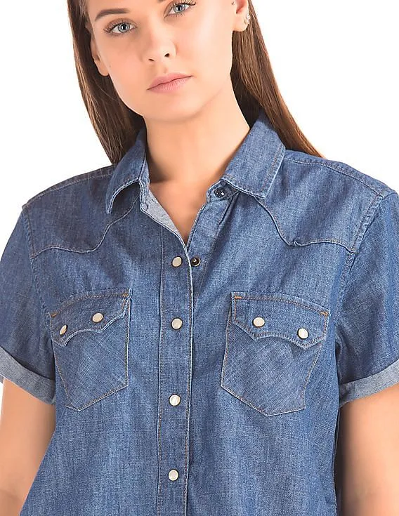 GAP Women Blue 1969 Denim Short Sleeve Western Shirt