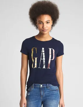 GAP Women Blue Metallic Logo Short Sleeve Crewneck T-Shirt