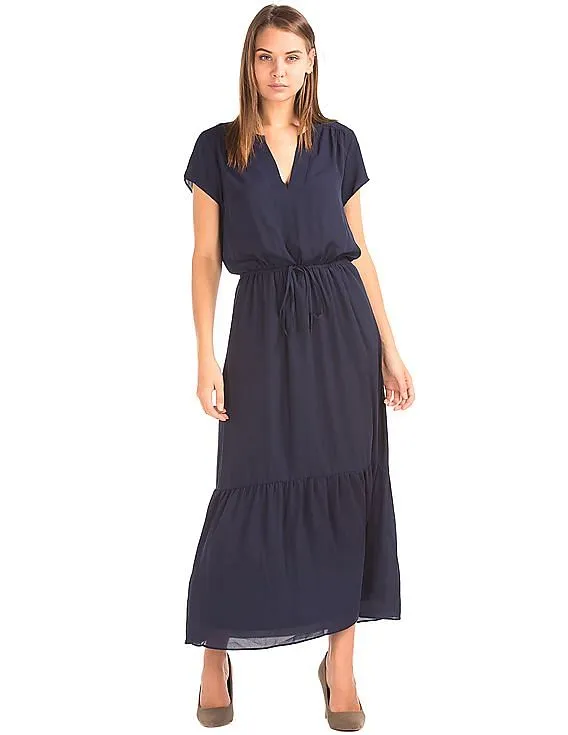 GAP Women Blue Short Sleeve Maxi Tier Dress