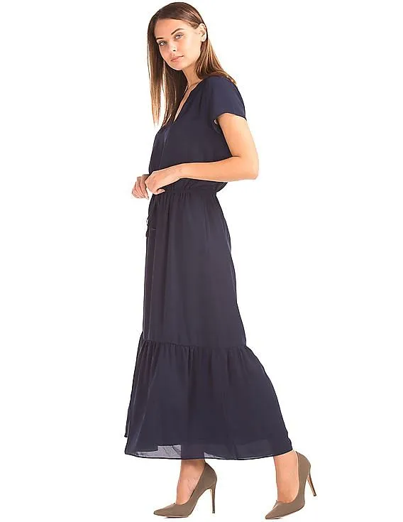 GAP Women Blue Short Sleeve Maxi Tier Dress