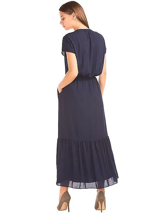 GAP Women Blue Short Sleeve Maxi Tier Dress