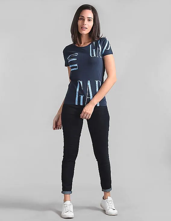 GAP Women Blue Short Sleeve Printed T-Shirt