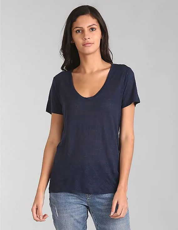 GAP Women Blue Short Sleeve Scoop Neck T-Shirt In Linen