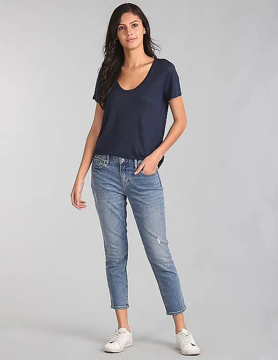 GAP Women Blue Short Sleeve Scoop Neck T-Shirt In Linen