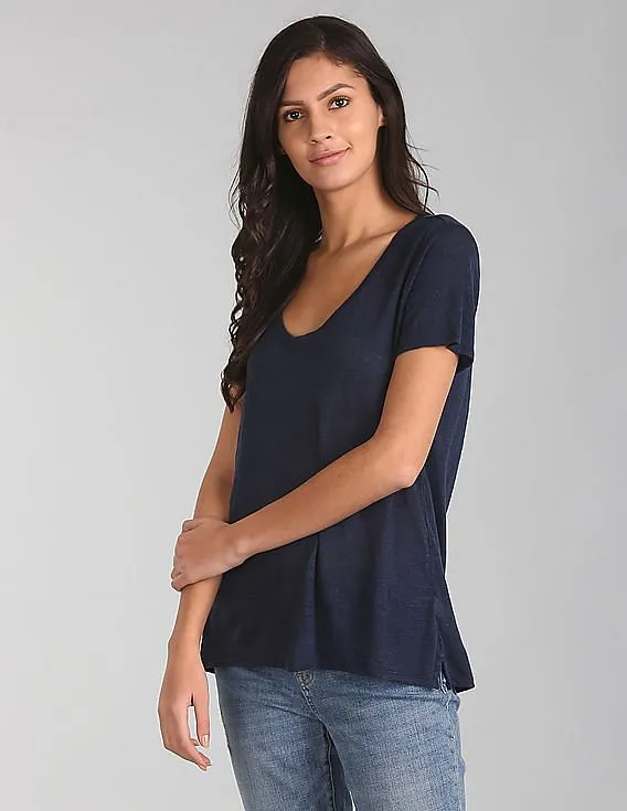 GAP Women Blue Short Sleeve Scoop Neck T-Shirt In Linen