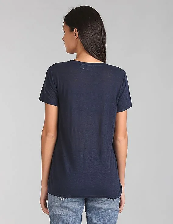 GAP Women Blue Short Sleeve Scoop Neck T-Shirt In Linen