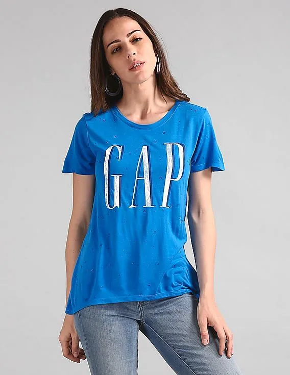 GAP Women Blue Short Sleeve Star Glitter Logo T-Shirt