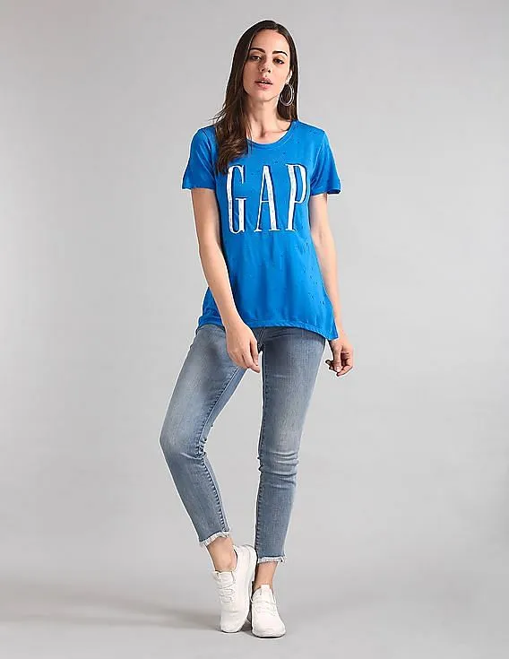 GAP Women Blue Short Sleeve Star Glitter Logo T-Shirt