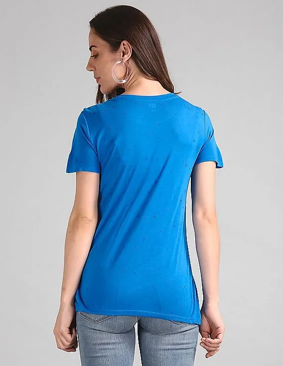 GAP Women Blue Short Sleeve Star Glitter Logo T-Shirt