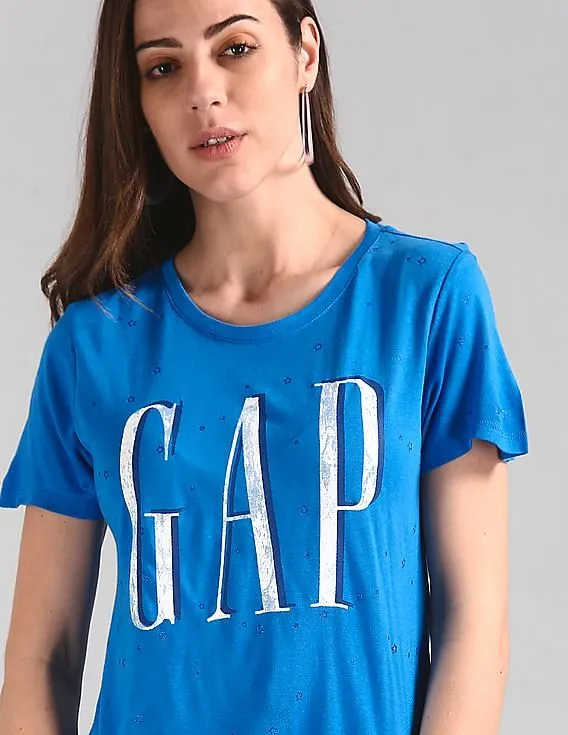 GAP Women Blue Short Sleeve Star Glitter Logo T-Shirt