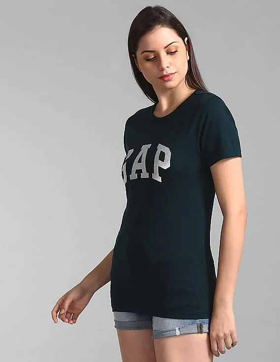 GAP Women Green Short Sleeve Foil Logo T-Shirt