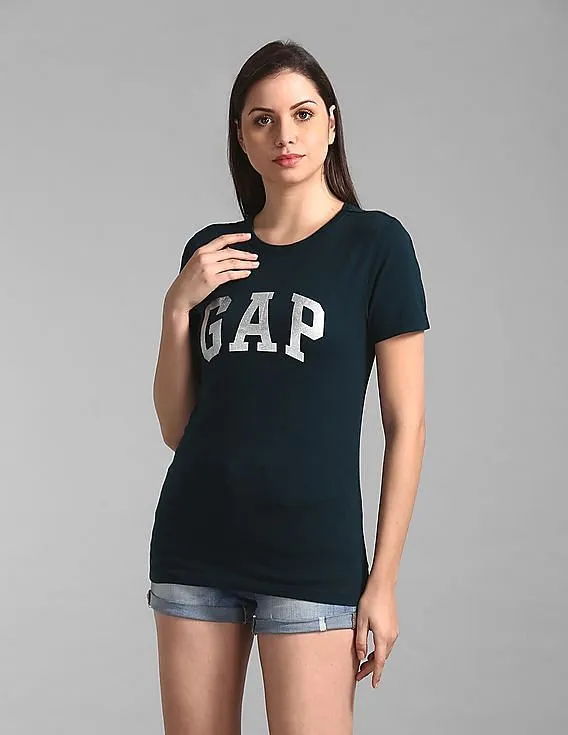 GAP Women Green Short Sleeve Foil Logo T-Shirt