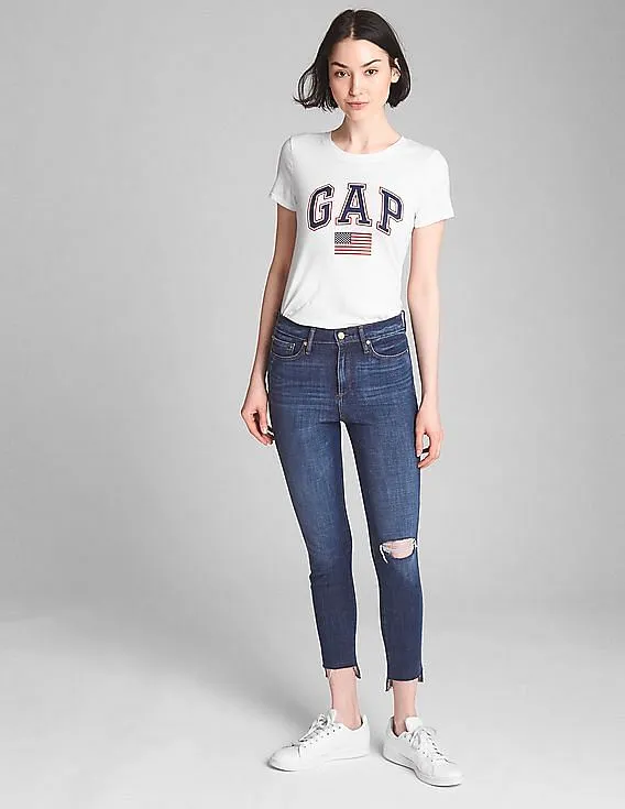 GAP Women White Logo Short Sleeve Crew Neck T-Shirt