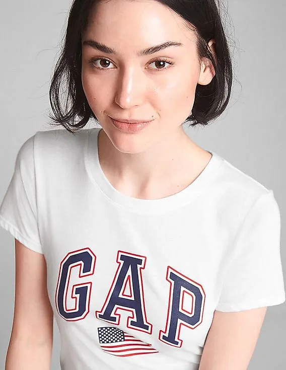 GAP Women White Logo Short Sleeve Crew Neck T-Shirt