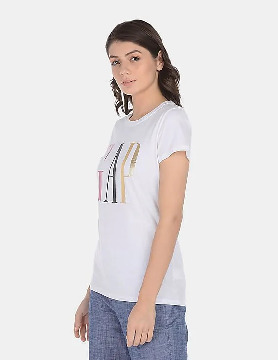 GAP Women White Metallic Logo Short Sleeve Crewneck T-Shirt