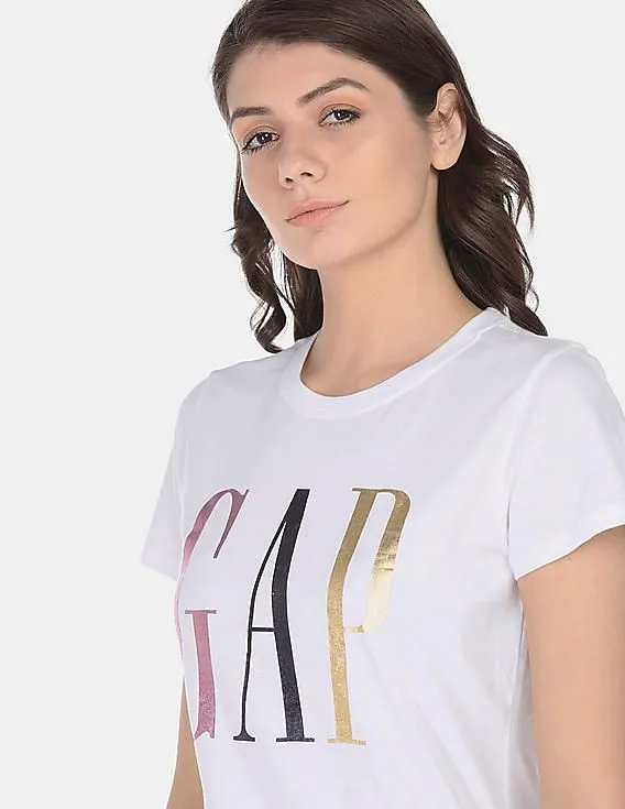 GAP Women White Metallic Logo Short Sleeve Crewneck T-Shirt