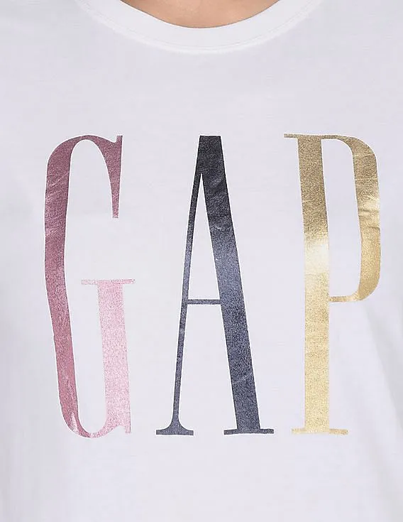 GAP Women White Metallic Logo Short Sleeve Crewneck T-Shirt