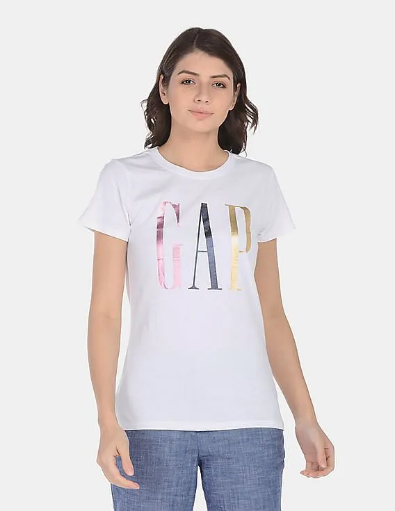 GAP Women White Metallic Logo Short Sleeve Crewneck T-Shirt