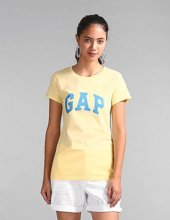 GAP Women Yellow Logo Short Sleeve Crewneck T-Shirt