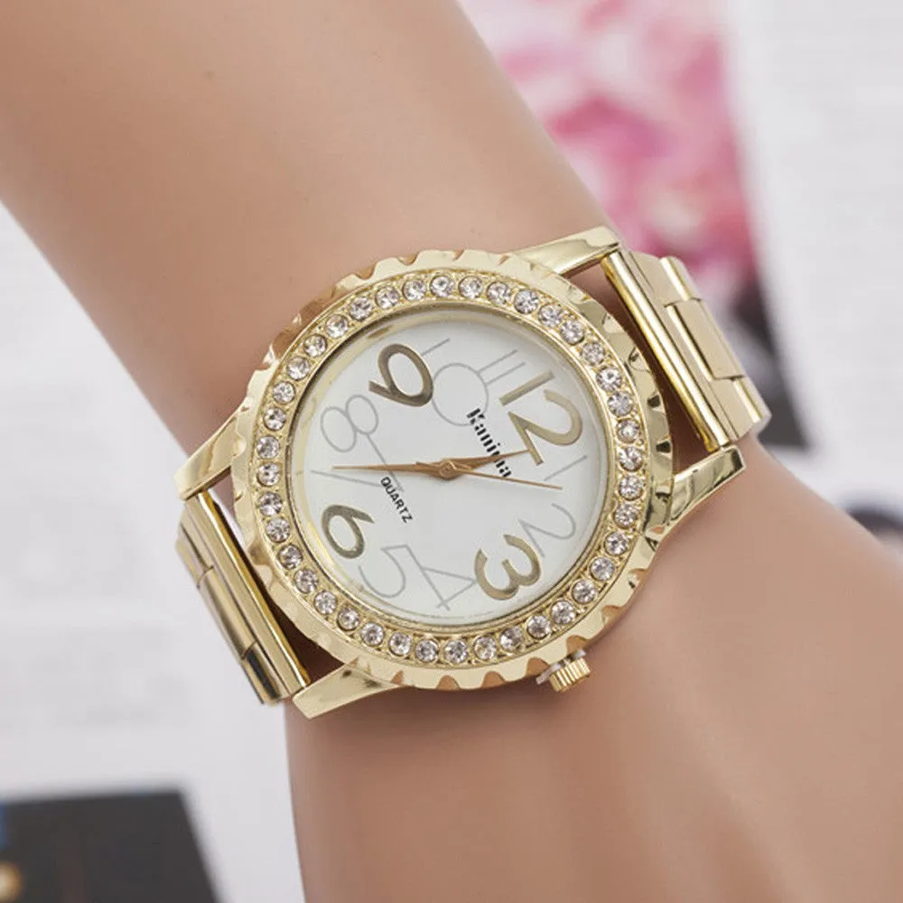 Gold Watch Women's Men's Watch Crystal Rhinestone Alloy Steel Analog Quartz Wrist Watch Casual Relogio