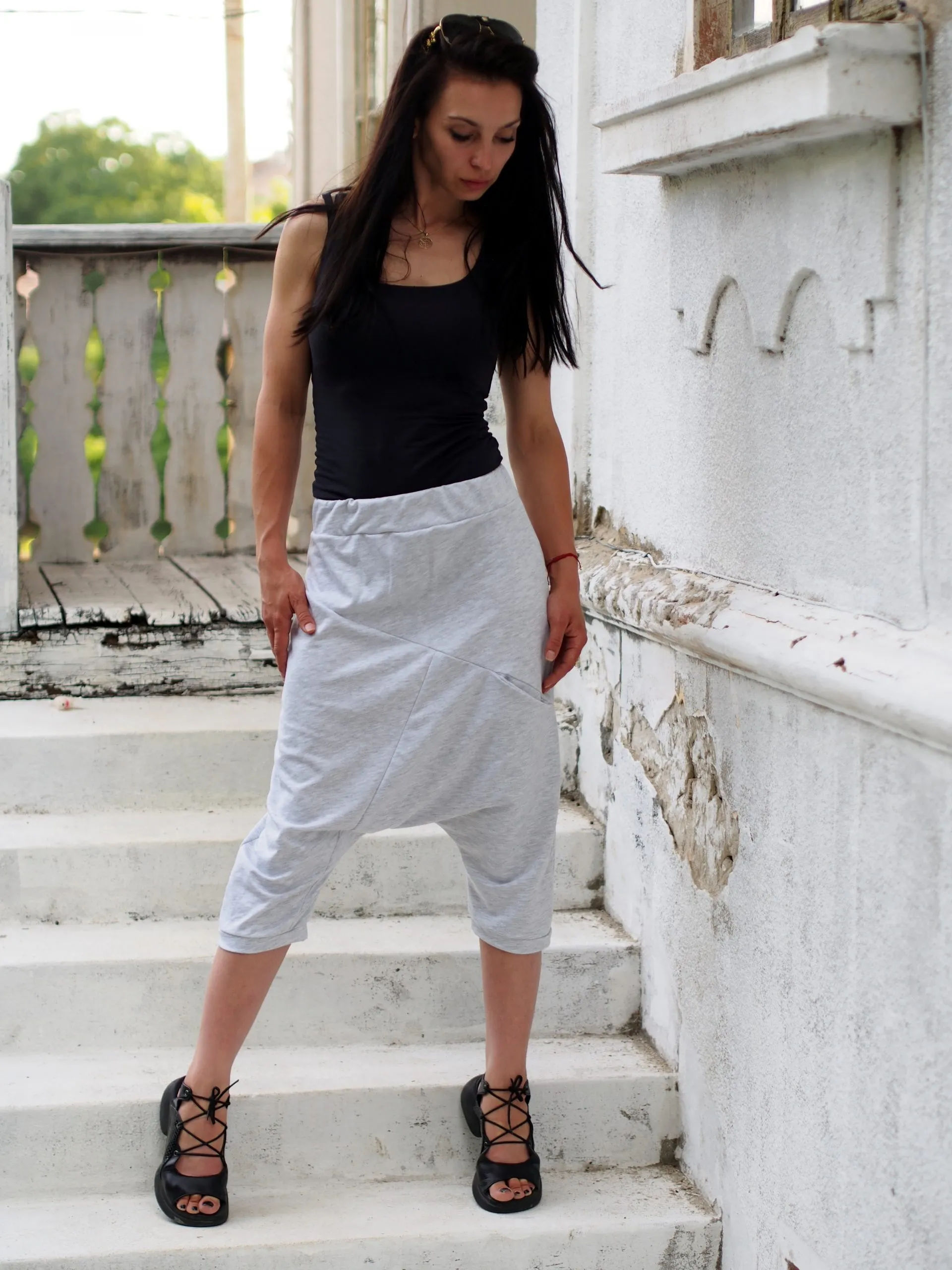 Grey harem pants,WOmen drop crotch harem pants