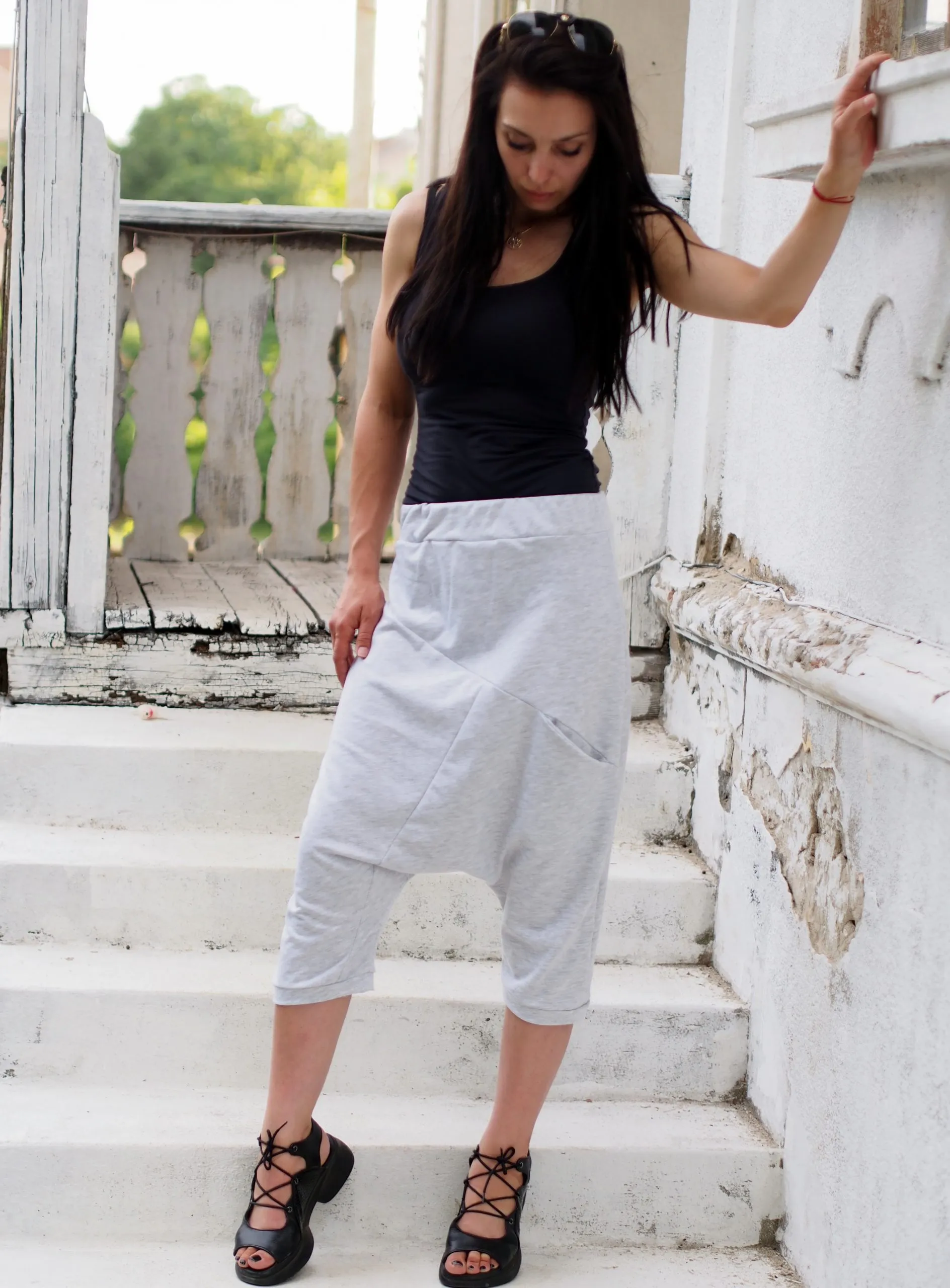 Grey harem pants,WOmen drop crotch harem pants