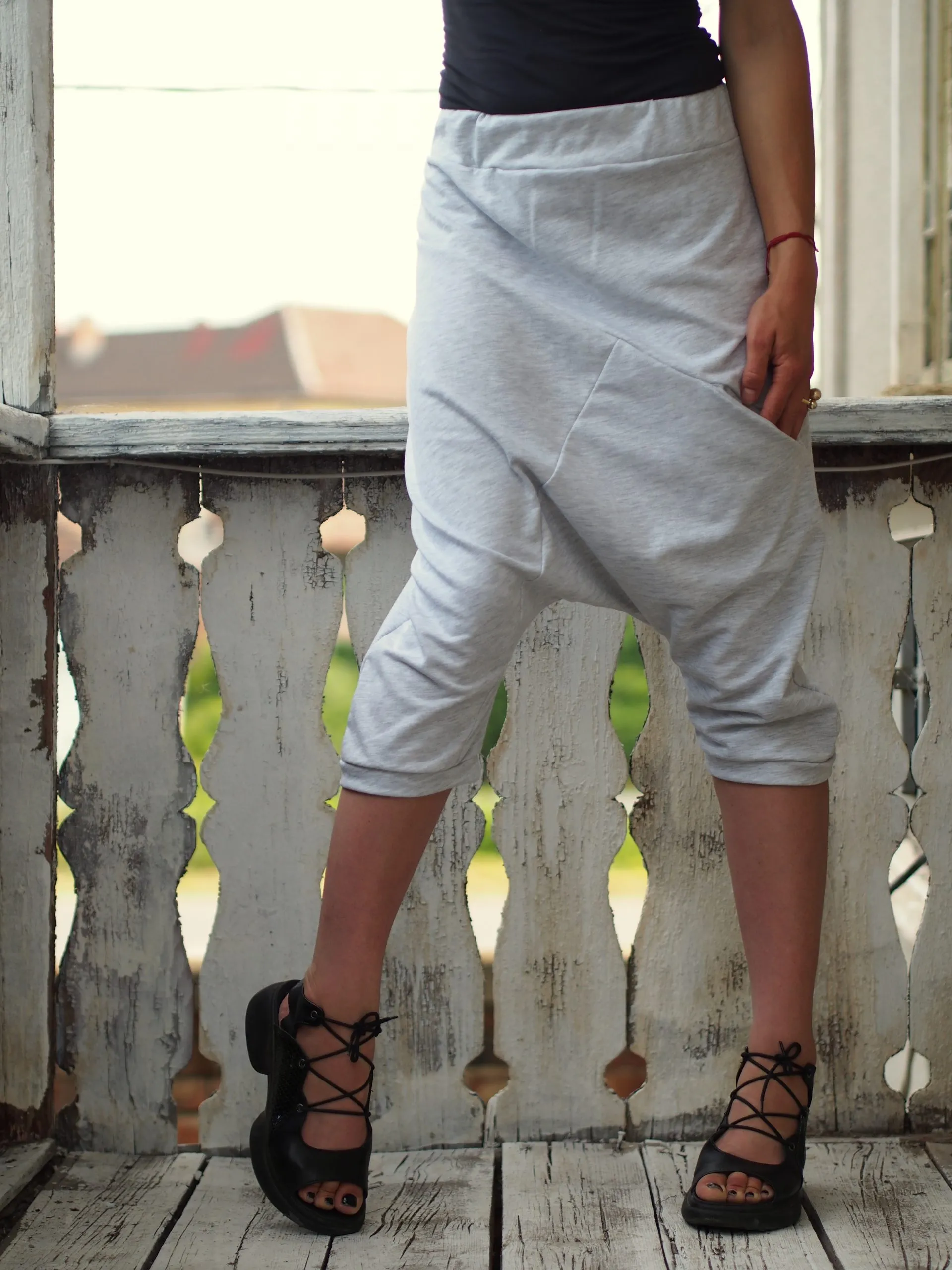 Grey harem pants,WOmen drop crotch harem pants