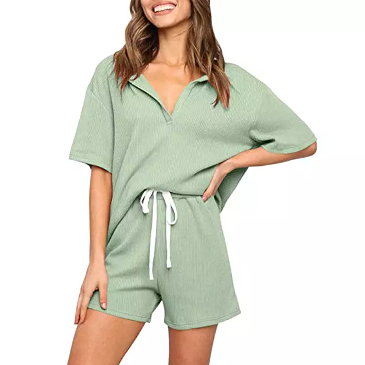 Haute Edition Women's Split Neck Tee And Shorts Lounge Pajama Set