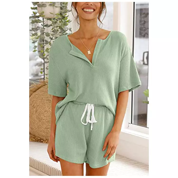 Haute Edition Women's Split Neck Tee And Shorts Lounge Pajama Set