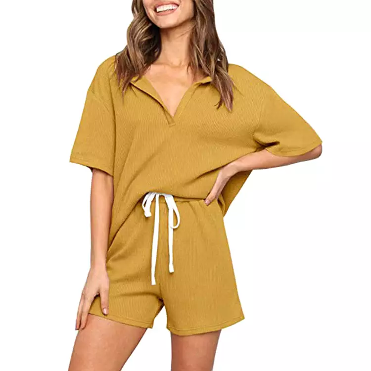 Haute Edition Women's Split Neck Tee And Shorts Lounge Pajama Set