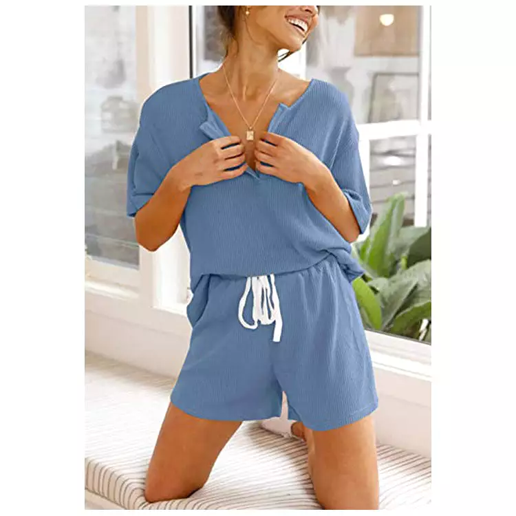 Haute Edition Women's Split Neck Tee And Shorts Lounge Pajama Set