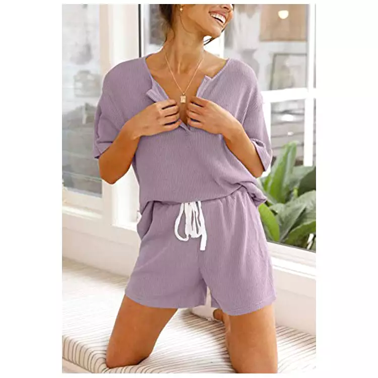 Haute Edition Women's Split Neck Tee And Shorts Lounge Pajama Set