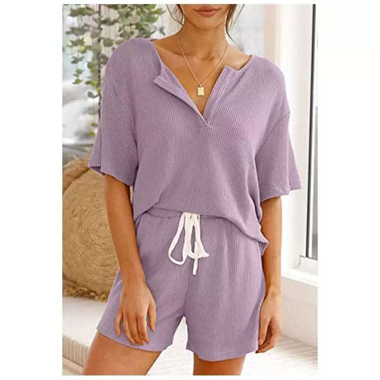 Haute Edition Women's Split Neck Tee And Shorts Lounge Pajama Set