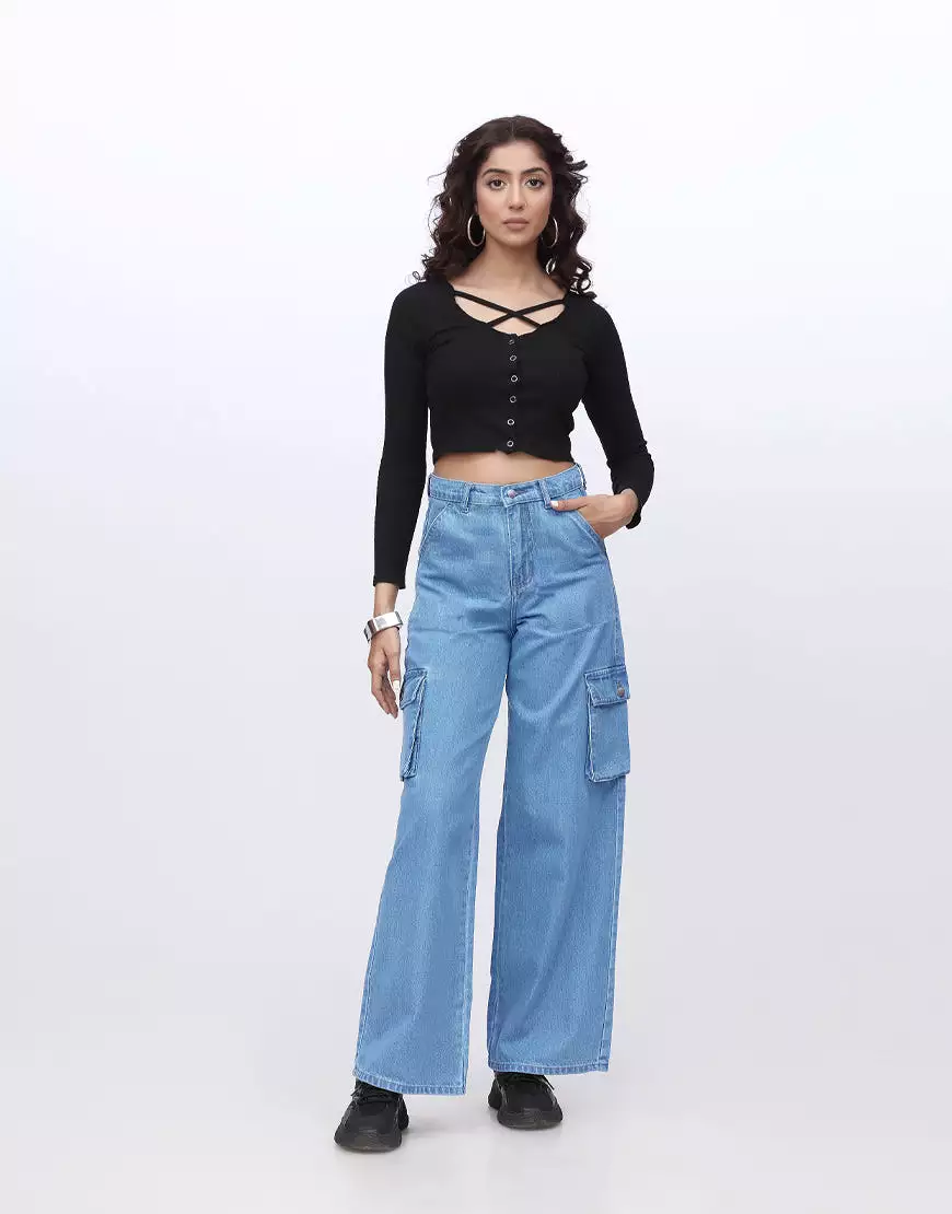 High Rise Wide Leg Cargo Medium Wash