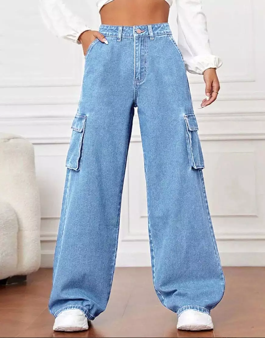 High Rise Wide Leg Cargo Medium Wash