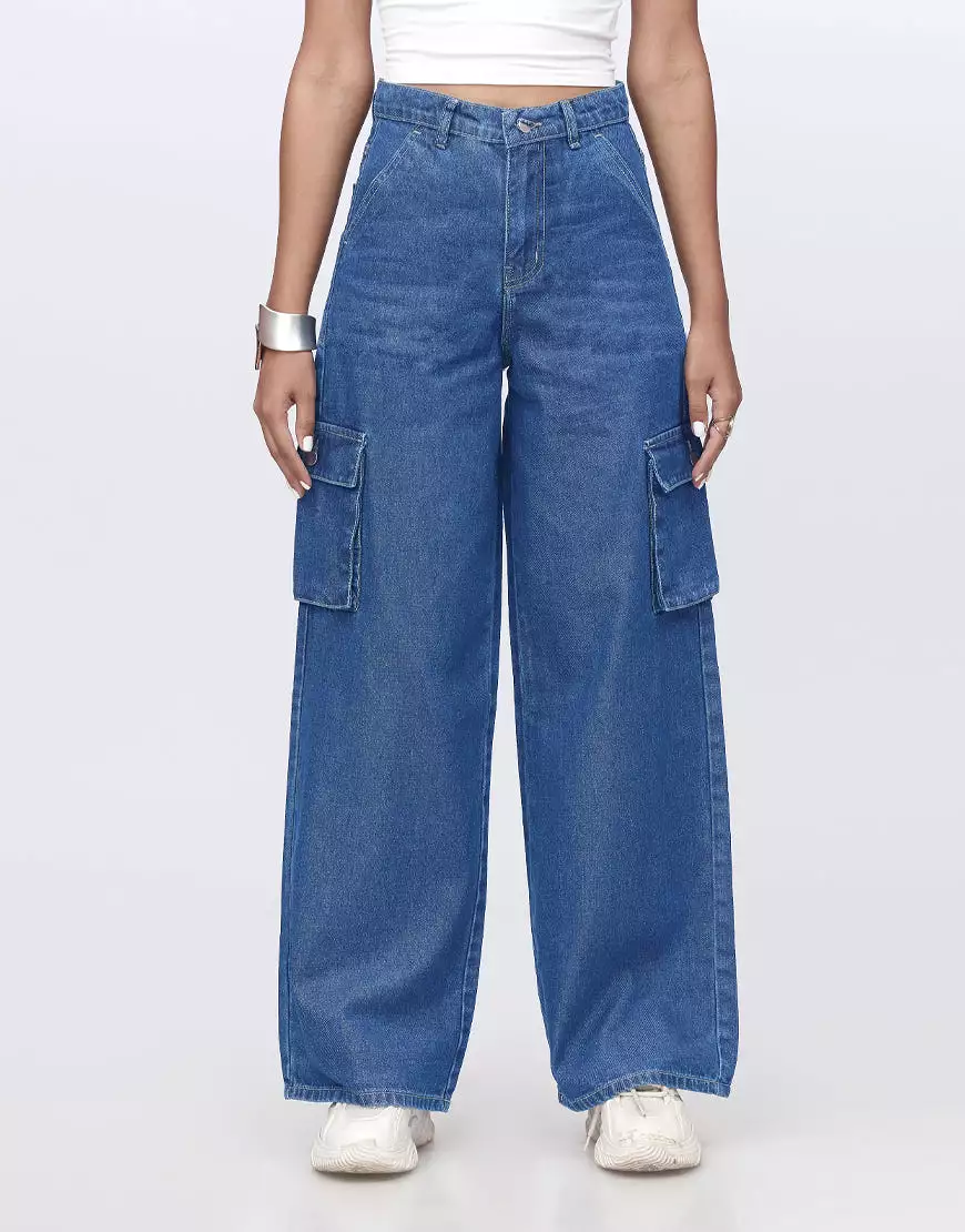 High Rise Wide Leg Cargo Stone Blue