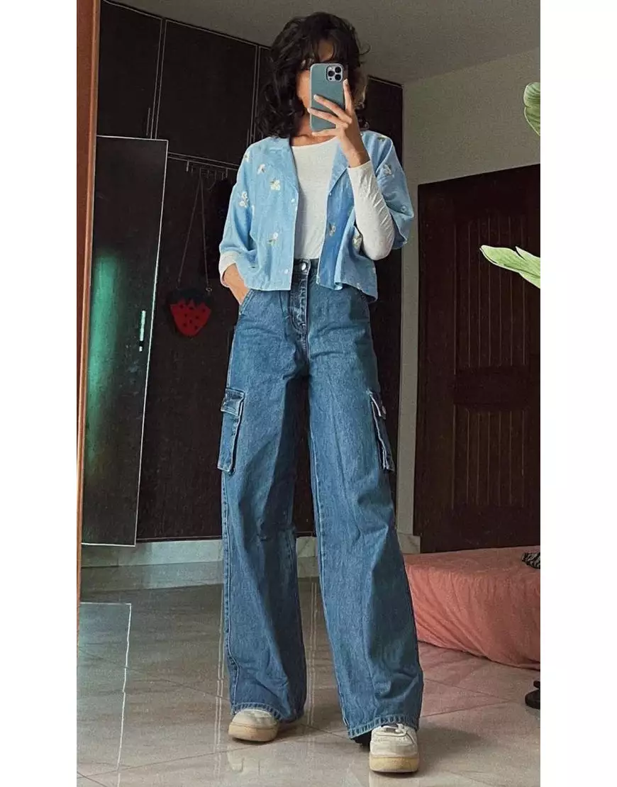 High Rise Wide Leg Cargo Stone Blue