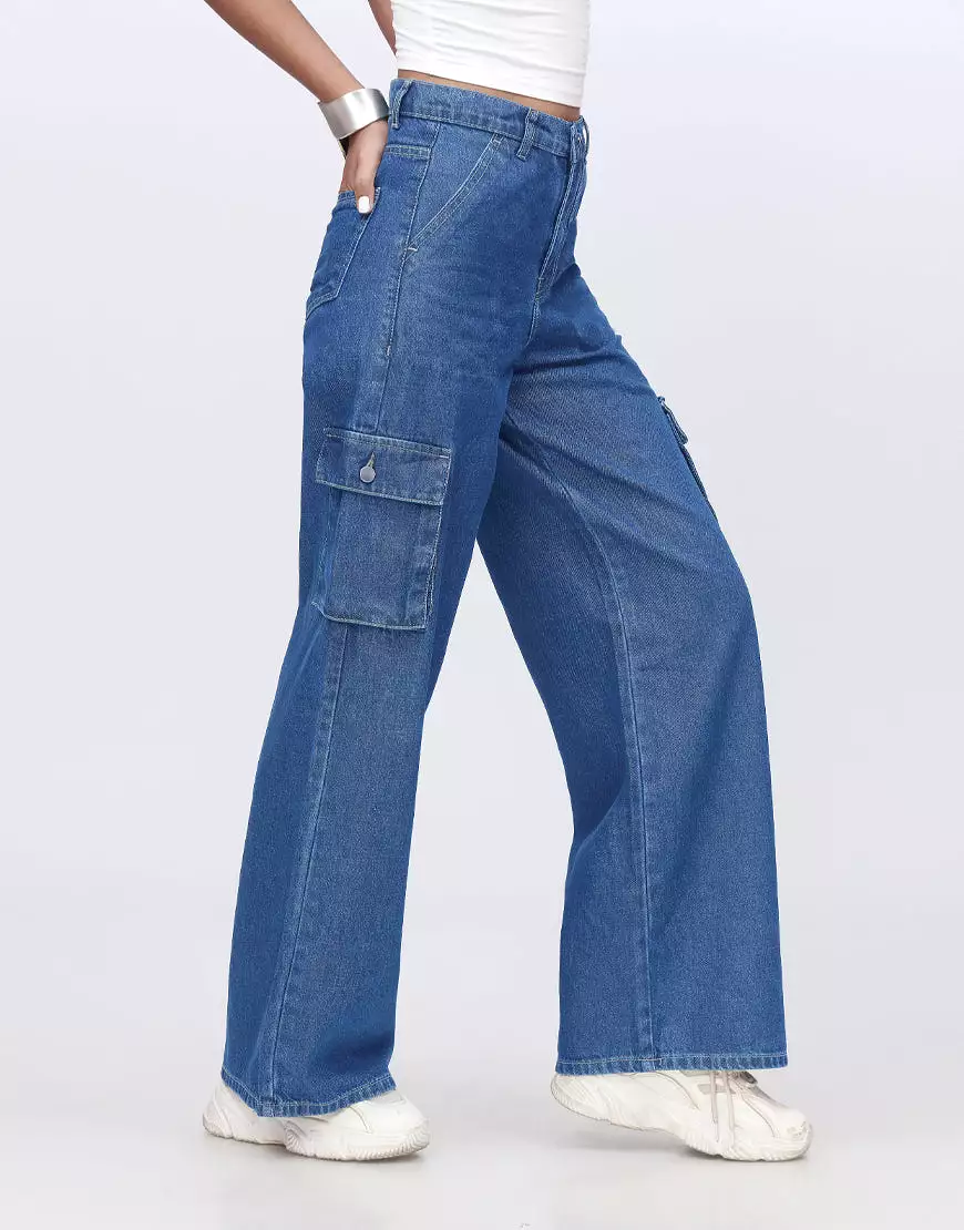 High Rise Wide Leg Cargo Stone Blue