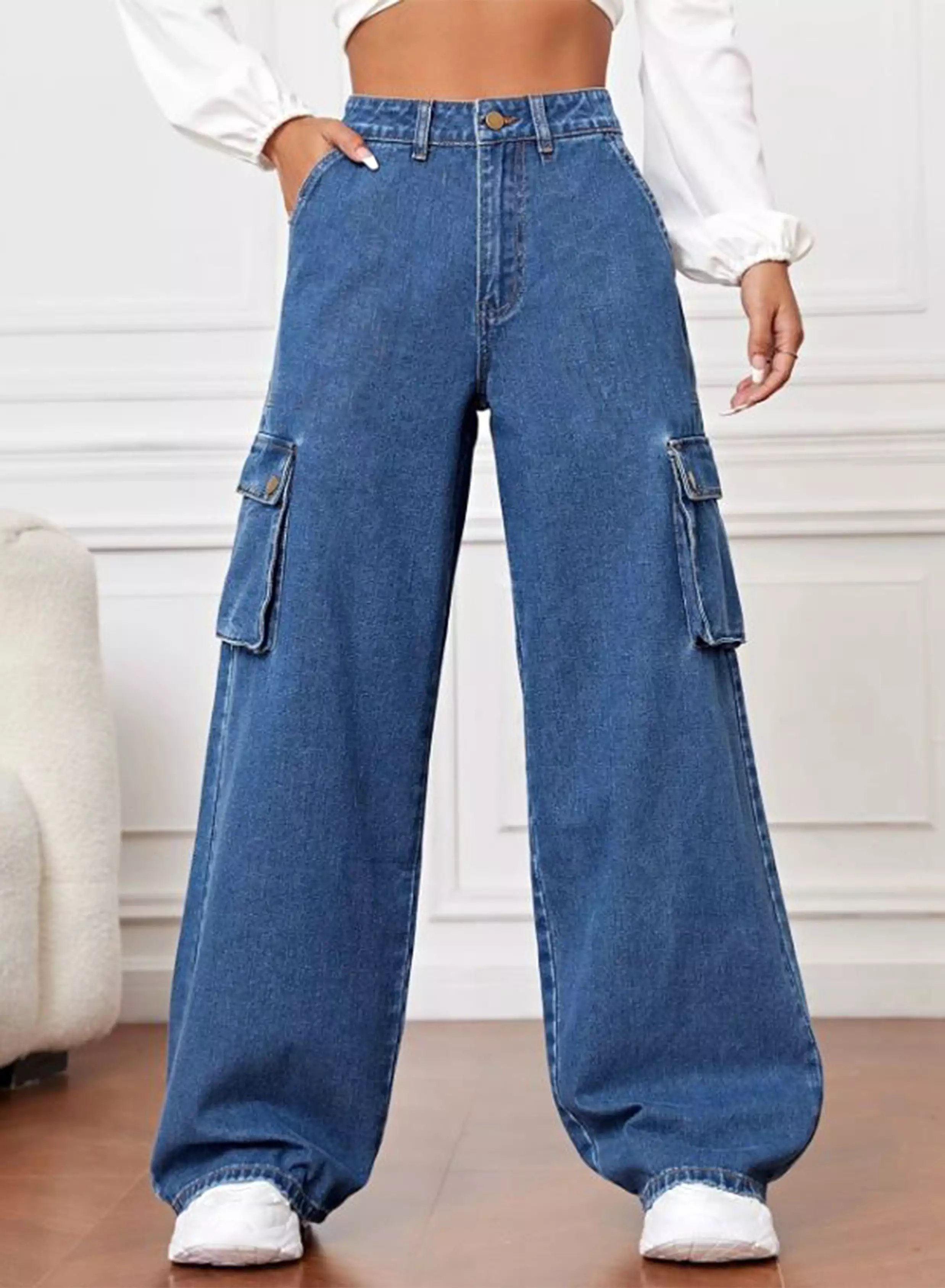 High Rise Wide Leg Cargo Stone Blue