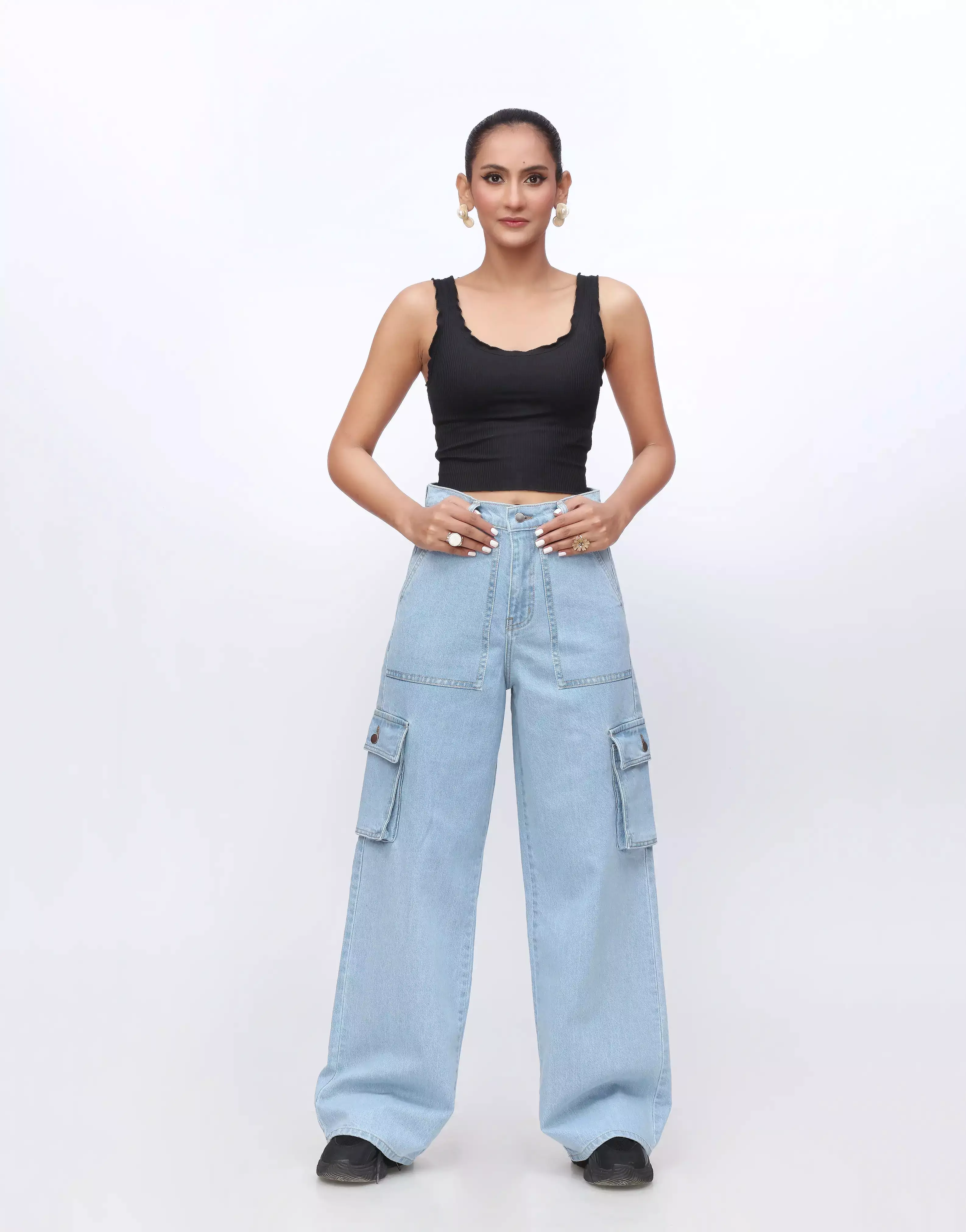 High Rise Wide Leg Flap Pocket Cargo Light Wash