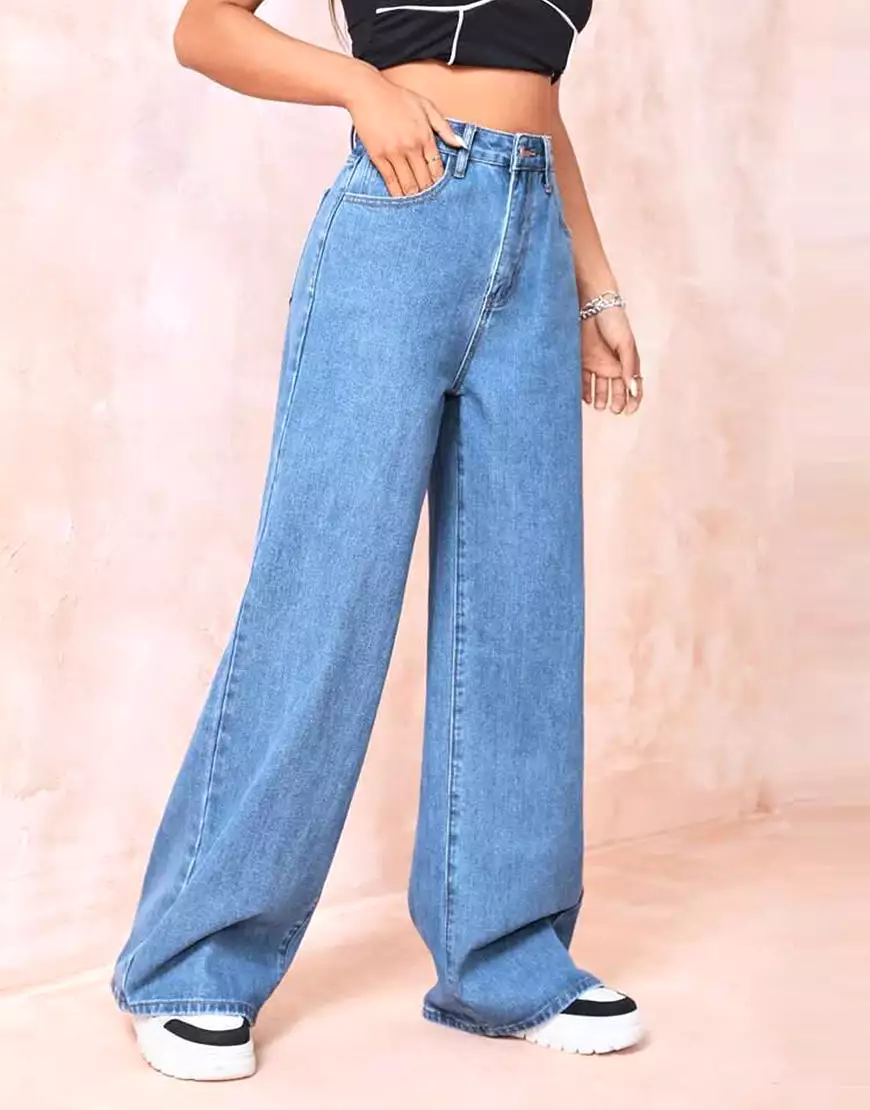 High Rise Wide Leg Jeans Mid Blue