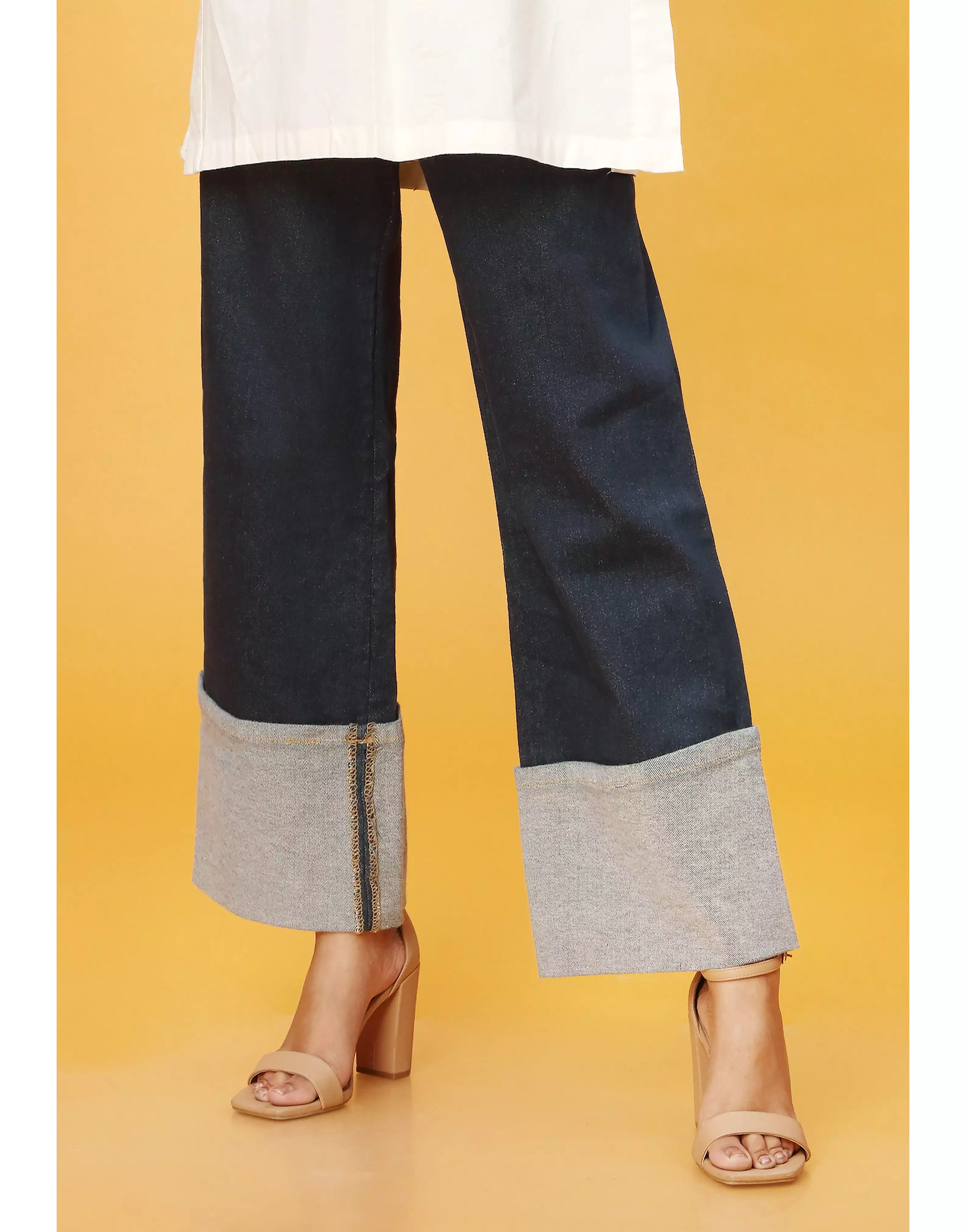 High Rise Wide Leg Jeans With Folded Hem in Dark Blue