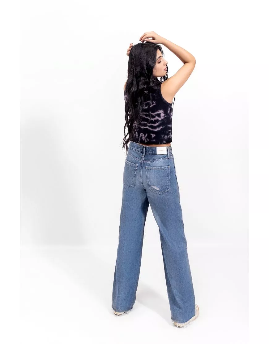 High Waisted Medium Wash Ripped Wide Leg Jeans Blue Stone