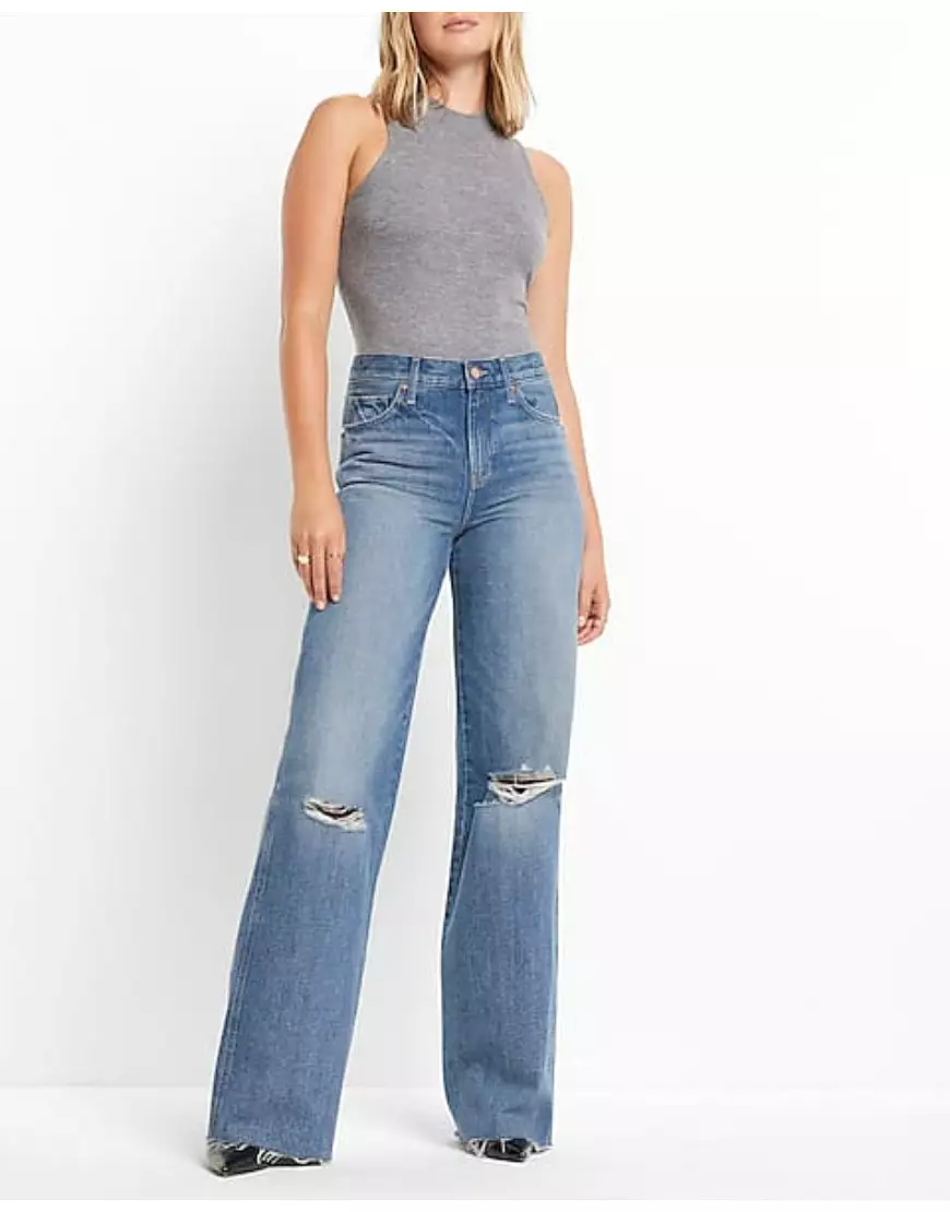 High Waisted Medium Wash Ripped Wide Leg Jeans Blue Stone