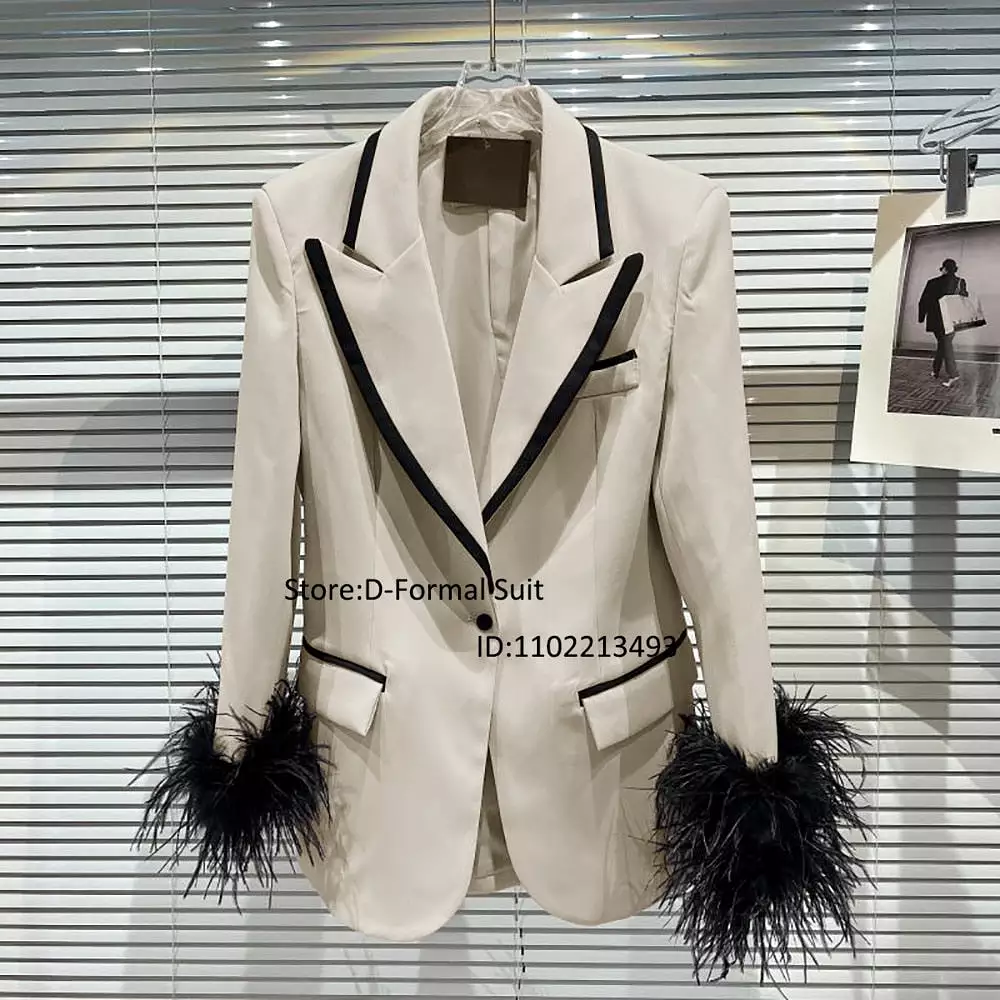 Jacket Women's Color Matching Fashion Feather Decoration Dress Luxury Custom 1 Button Blazer New in Outerwears Womens Clothing