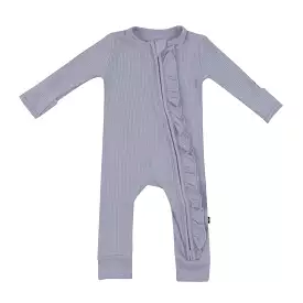 Kyte Baby Ribbed Ruffle Zipper Romper in Haze