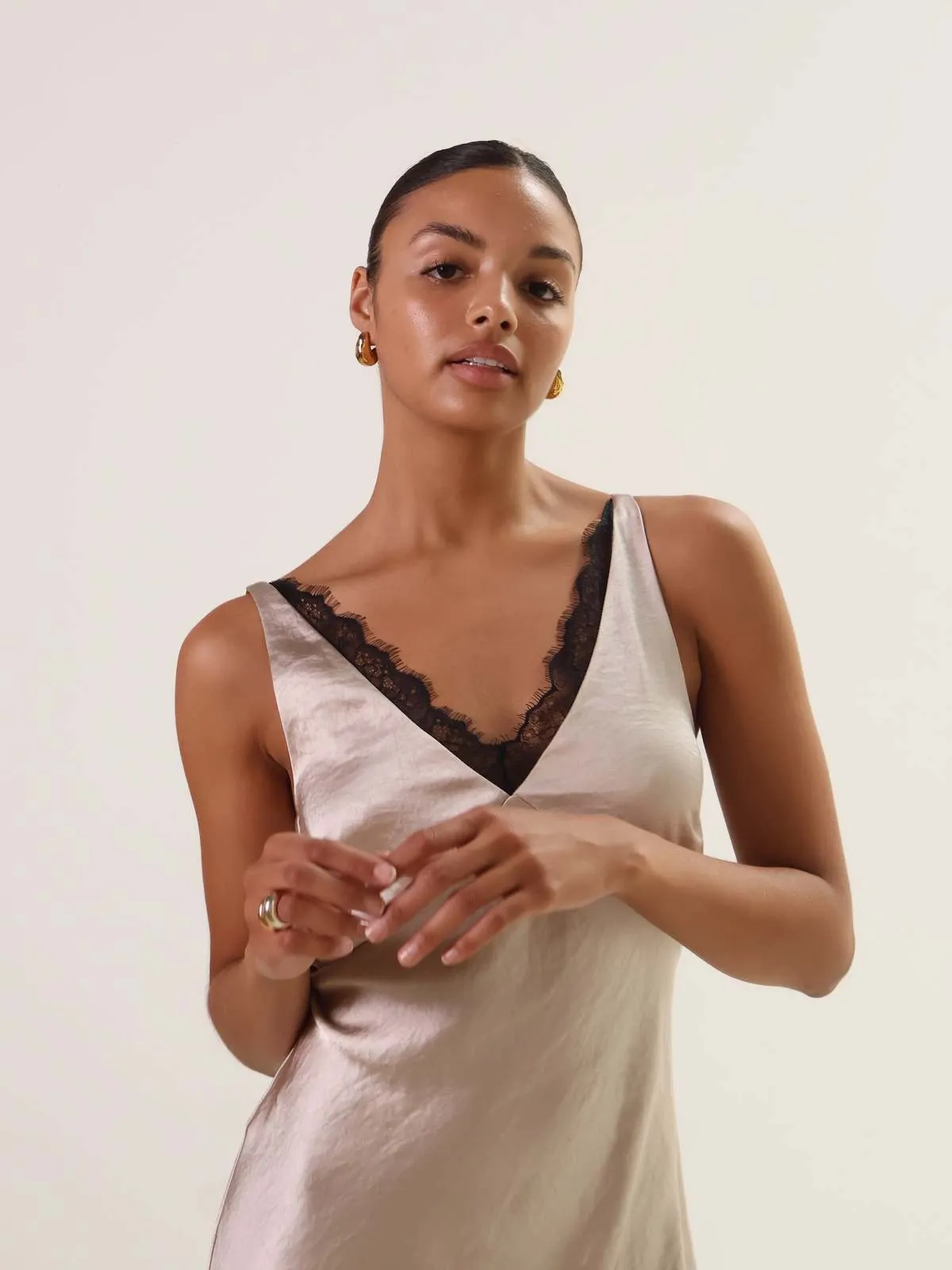 Lace Trim Slip Dress - Oyster