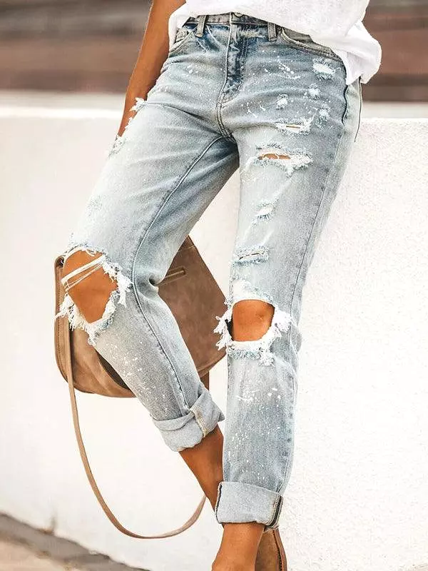 Ladies Ripped Straight-Leg Jeans